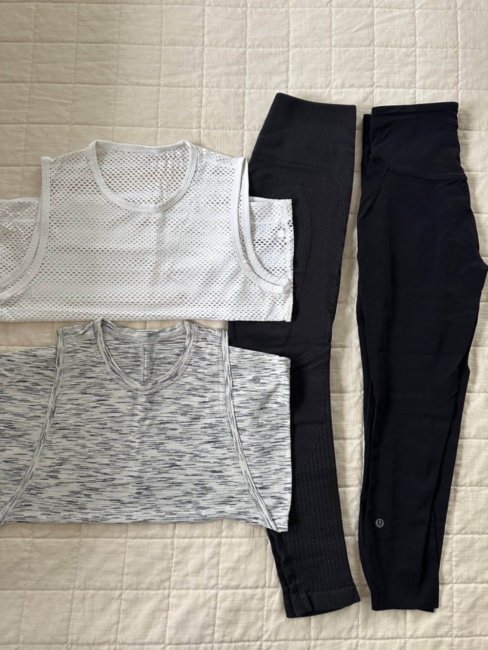 lululemon athletica Black Leggings with White and Gray Tops